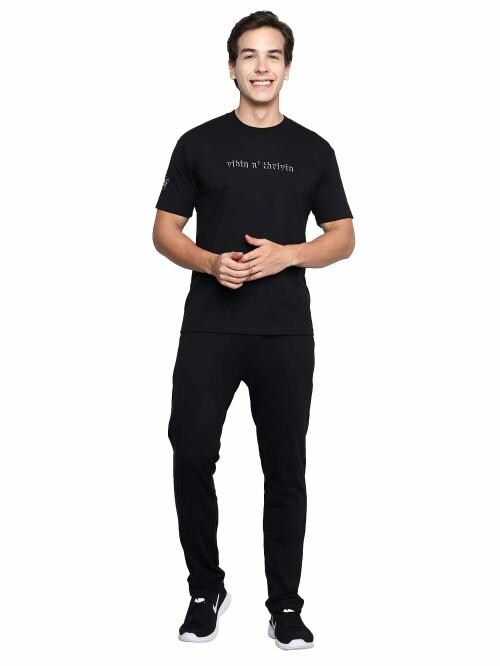TWF - The Wardrobe Farm Men Black Solid Cotton Round Neck Tshirt With Track Pant (S)