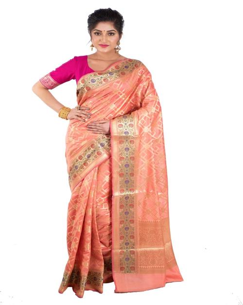 Naeusa Alfi Criss Cross Contarst Meena Border Silk saree with Unstiched Blouse Piece