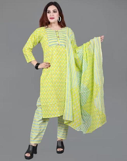 SG - SANSKAR GARMENTS Women Pure Cotton Kurta Pant Dupatta Set -M