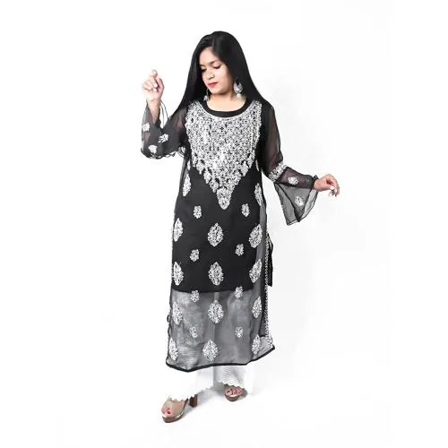 Sparkee Darkee Women Black Embroidered Georgette Lucknow Chikankari Mirror Work Kurti (M)