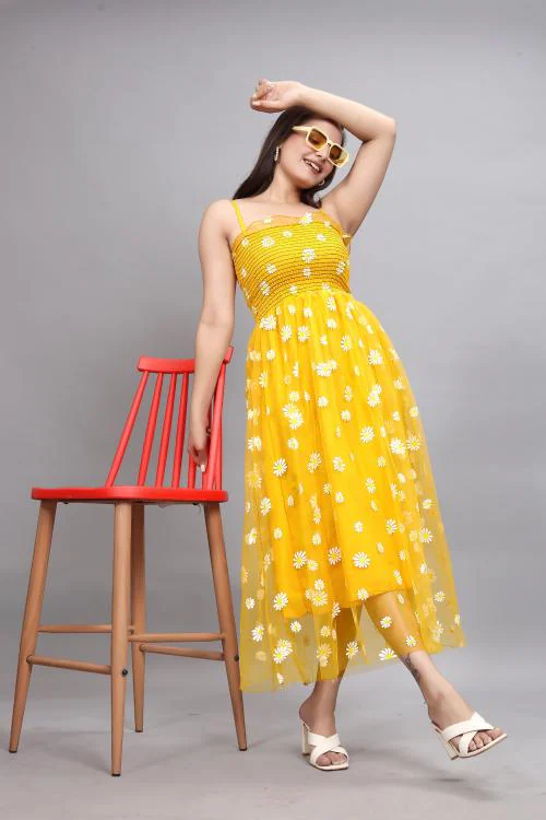 C.J FABRICS Women's Flower Print Net Red Dress