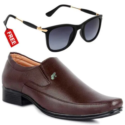 Vitoria Stylish & Trendy Men's Brown Slip-On Sythetic Leather Formal Shoes With Free Unisex Sunglasses-9