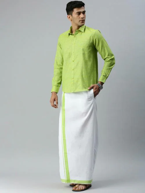 RAMRAJ Men Cotton Matching Border Adjustable Dhoti with Full Sleeve Light Green shirt (44; Light Green)