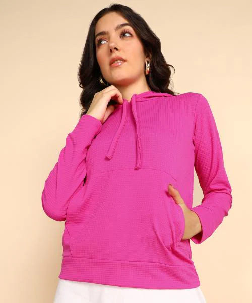 Popwings Women Casual Pink Solid Hooded Pocket Sweatshirt | Women Winter Wear Sweatshirt | Women Sweatshirt | Pocket Sweatshirt | Trendy Sweatshirt