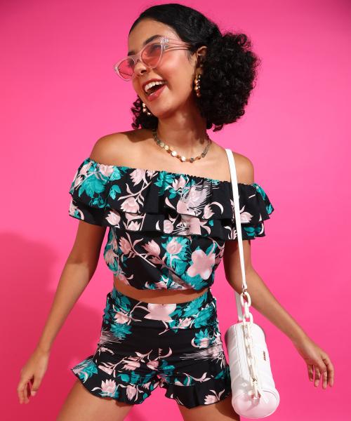 Popwings Women Casual Black Floral Printed Off Shoulder Crop Top & Shorts Co-Ords Set | Top and Bottom Set