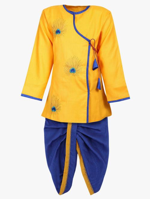 Ahhaaaa Boys Yellow Full Sleeve Cotton Blend Embroidered Angarkha and Dhoti Pant