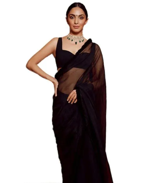 Sidhidata Women's Plain Georgette Saree With Unstitched Blouse Piece (Kiara Advani Black Saree) Black