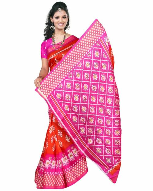 Vkaran Women's Saffron Kalamkari Silk Printed Saree With Unstitched Blouse(FL-BHUTRA042, Free Size)