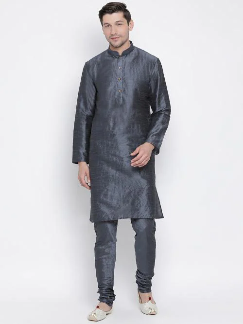 Vastramay Men's Grey Silk Blend Kurta Pyjama Set