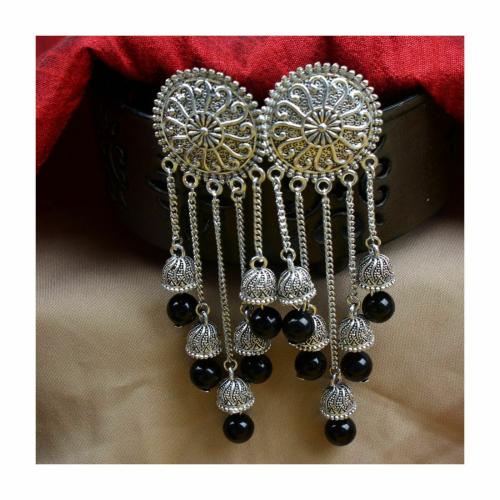Traditional Festive Black Color Oxidized Big Chain Jhumka Earrings for Girls
