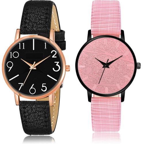 NEUTRON Classical Quartz Triangle Geometry And Embossed Designer Dial Black And Pink Colour Analog Genuine Leather Belt 2 Watch Combo For Women And Girls - GW54-GM328