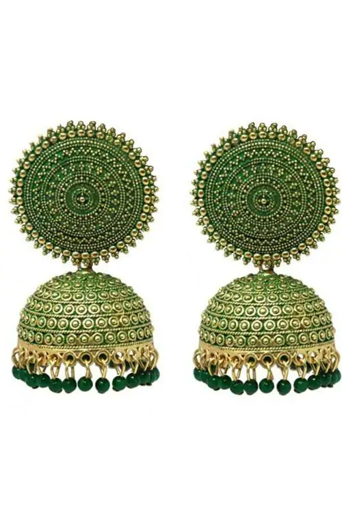 Myjewel Brass Golden and Dark Green Pearls Drop Dome Shape Jhumka Earrings