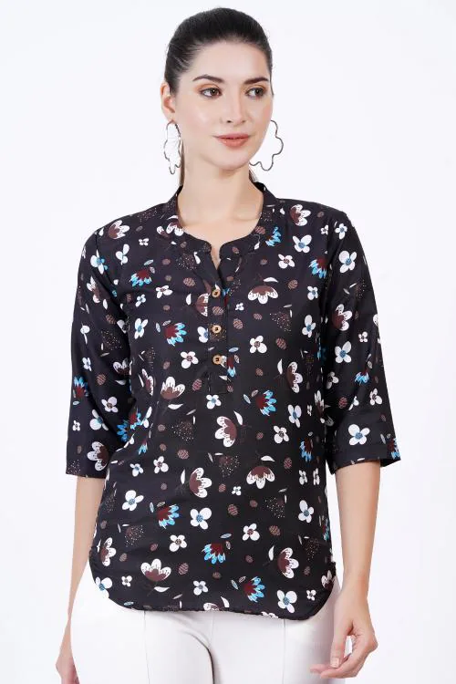Majestykart Women Black Floral Print Shirt Style Top|shirt top|collared top|tops for women|women tops|top|tunics for women|long top for women|western tops|tops on jeans|short tops|long tunics top|black top|women tunics|crop tops|partywear tops|tops