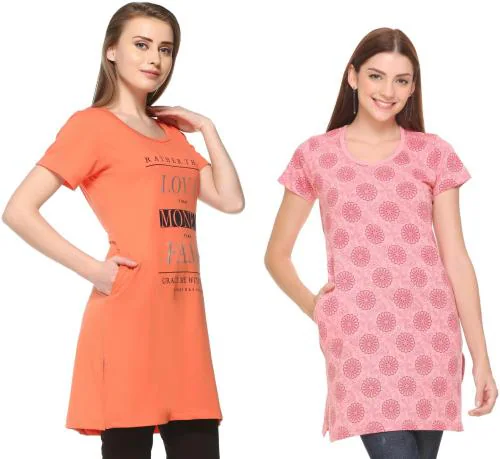 In Love Women Pink, Orange Printed Cotton Blend Pack Of 4 T-Shirt-