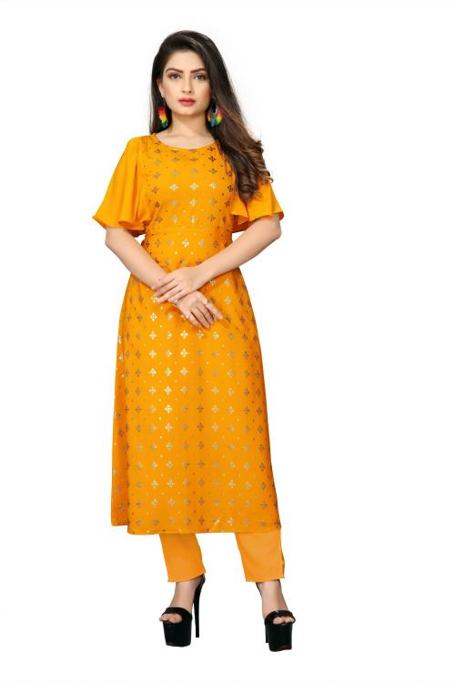 Stree Mantra Women Yellow Printed Poly Crepe Single A-Line Kurta (M)