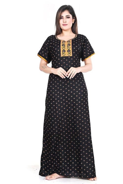Kavanng Women's Alpine Nighty - with Mini Flower Design and Beautiful Round Neck Pattern, Premium Cotton Material Feel Comfortable Night Gown, Alpine Maxi (XXL, Black)