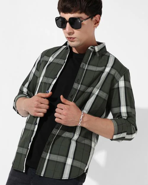Campus Sutra Men's Tartan Plaid Dark Green Shirt