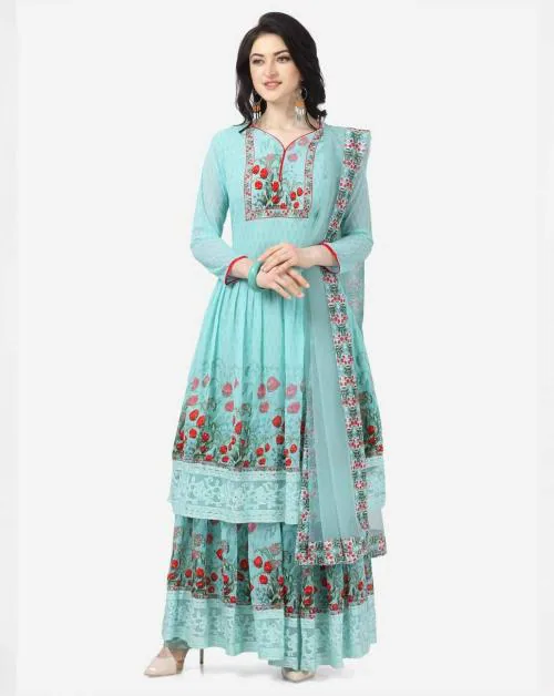 Sky Blue Georgette Printed Women's Semi-Stitched Sharara Suit