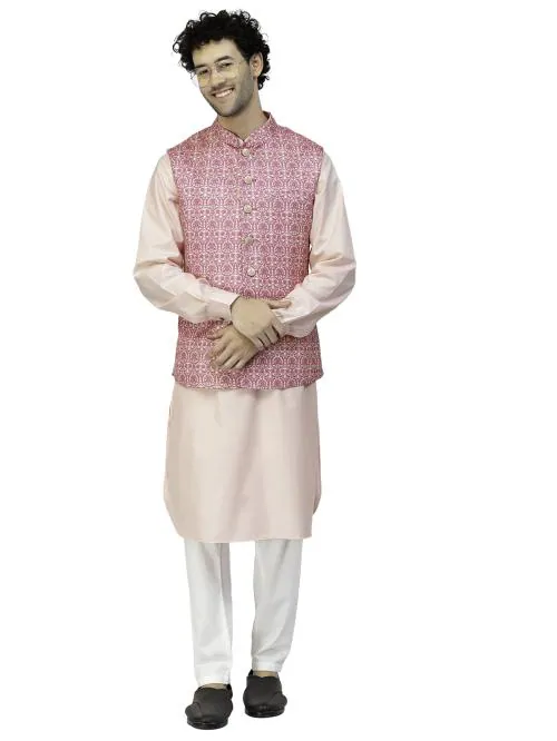MOHANLAL SONS Men Rani Pink Art Silk Printed Kurta Sets & Nehru Jacket