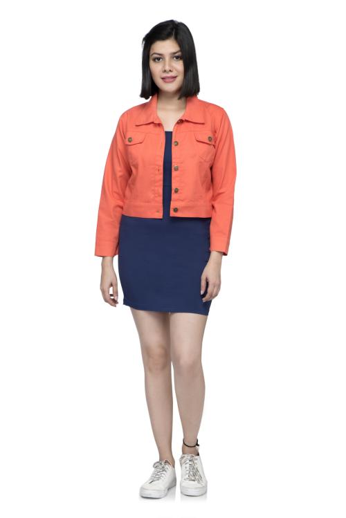 Lambency Women Orange Solid Cotton Blend Denim Jacket
