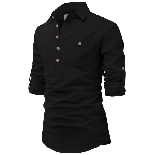 Vida Loca Cotton Black Color Full Sleeve Casual Spread Collor Slim Fit Short Kurta For Men and Boys