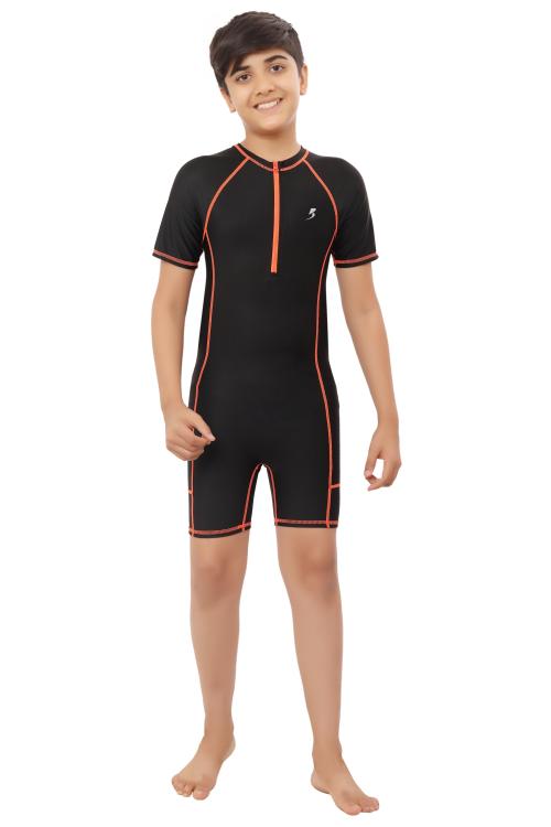 BOSKY SWIMWEAR Boy's Skinfit Spandex Multipurpose Wear for Swimming, Diving, Cycling - Half Sleeves Imported Lycra, 4-Way Stretch, Utility Style, Unisex Black Swim Suit (12-14yrs)