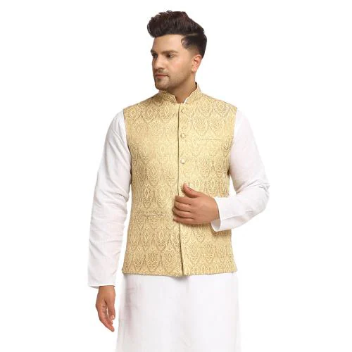 YOD Designer Brocade Sleeveless Light Golden Nehru Jacket/Waistcoat For Men