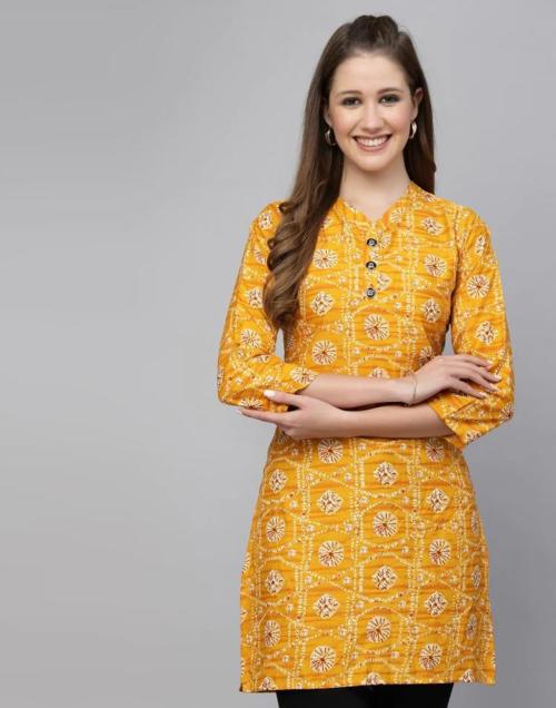 Mevika Orange Printed Short Kurti