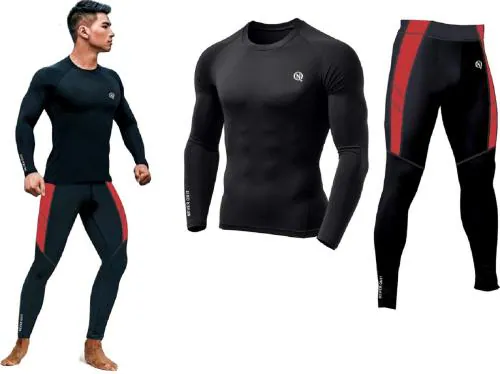 JUST RIDER Men's Sports Running Set Compression Shirts + Pants Skin-Tight Long Sleeves Quick Dry Fitness Tracksuit Gym Yoga Suits (Set of 2)