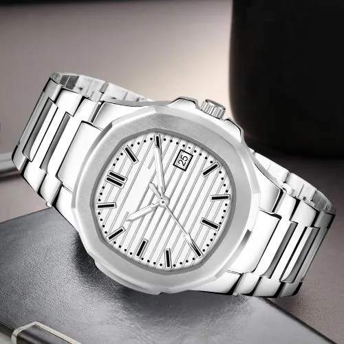 ILOZ New Arrival Elegant silver Steel chain Belt Round Shaped Day &Date Function Watch Premium quality Quartz Analog Watch - For Men
