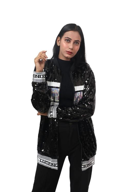 G.FIDEL Women Sequin Jackets Sparkly Bomber Jackets V-Neck Long Sleeve Zipper Glitter Clubwear Fashion Coat (FREE SIZE)