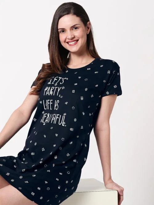 ZEYO Women's Cotton Navy Blue Night Dress Star & Mix Printed Knee Length Night Gown 5320