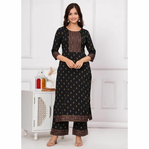 TANE BANE Rayon Gold Print Kurta with Pant Set | Women's Ethnic Wear, Stylish Rayon Kurta with Gold Print and Matching Pants for Festive, Casual, and Party Wear | BlackXL