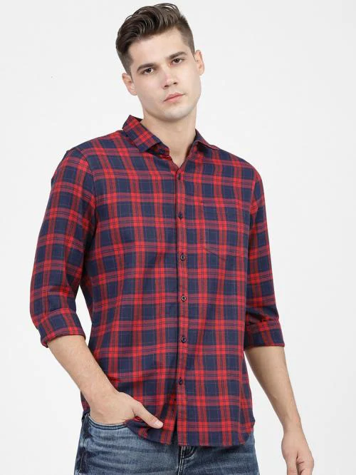 KETCH Men Navy Blue & Red Slim Fit Tartan Checked Casual Shirt