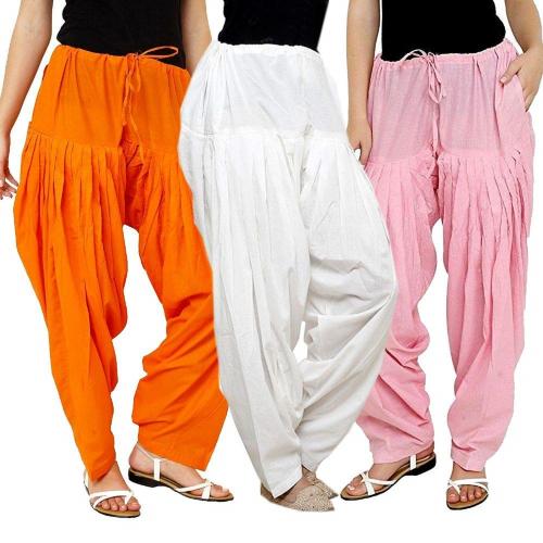 Cotoncroton Creations Combo Pack of Orange, White & Baby Pink Semi Patiala Salwar