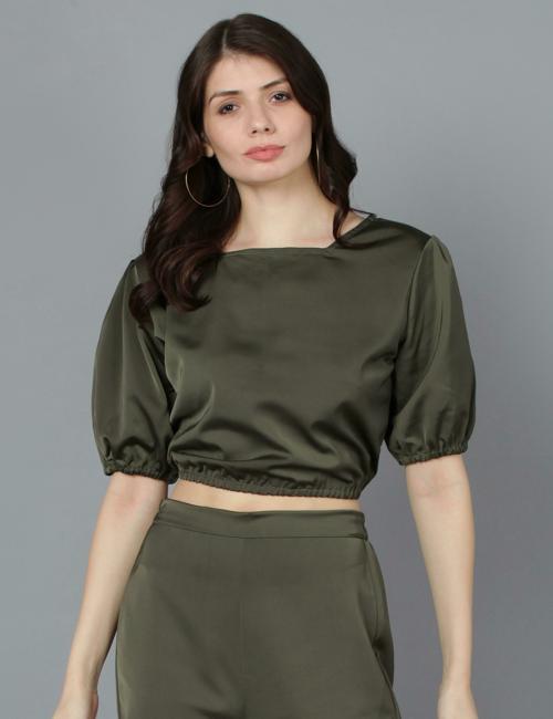 Fashfun Women's Top (Olive green solid satin crop top with square neck & puff sleeves)_XS