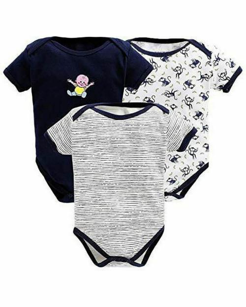 MM IMPEX Baby Boys and Girls Navy Blue Graphic Print, Striped Cotton Blend (Pack of 3) Romper 9-12 MONTHS| Rompers |Sleepsuits | Jumpsuit |Body suits