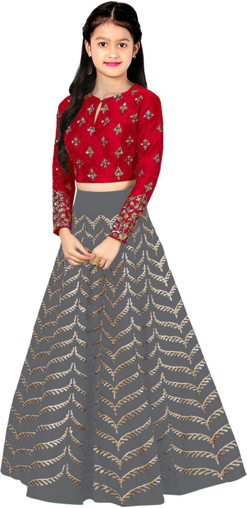 KedarFab Girls Grey Embroidered Silk Blend Kids Lehenga choli (Non Returnable)