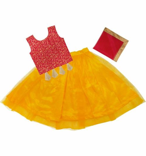 D9Kids Girls Yellow Embroidered Cotton (Pack of 2) Lehenga, Choli and Dupatta Set