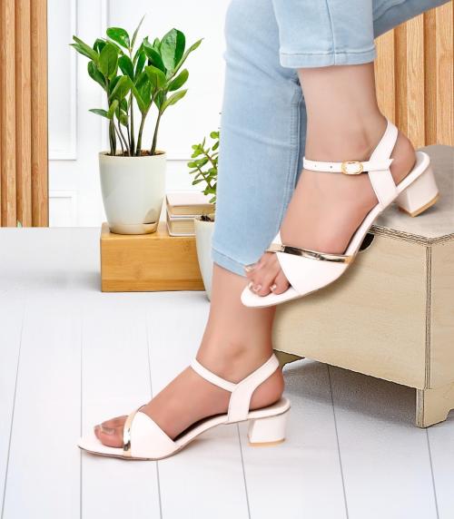 AANA FASHION Casual Trendy Block Heel Sandals For Women & Girls | Fancy & Comfortable Block Heels For Office Wear (White)