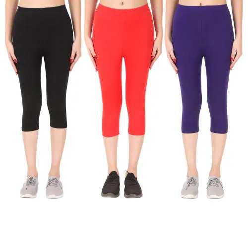 Diaz Women's Regular Fit Plain 3/4th Capri Pants | 100% Pure Cotton Lycra Capri for Women |Women 3/4th Cotton Plain Capri | Cotton Lycra plain capri for women,capri for ladies Women (Pack of 3)