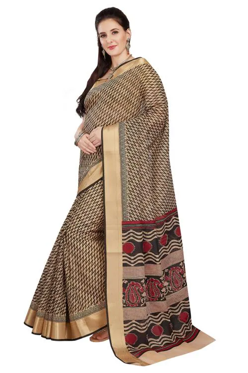 RANI SAAHIBA Women's Poly Cotton Printed Saree With Blouse Piece (SKR7190_Beige-Black)