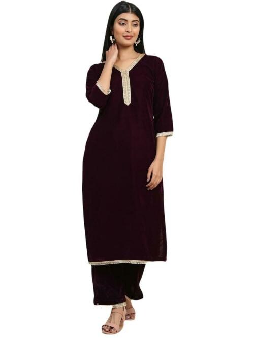 AVANSHEE Women's Wine Solid Velvet Kurta and Pant Set. (KP_7904_WINE_3XL)