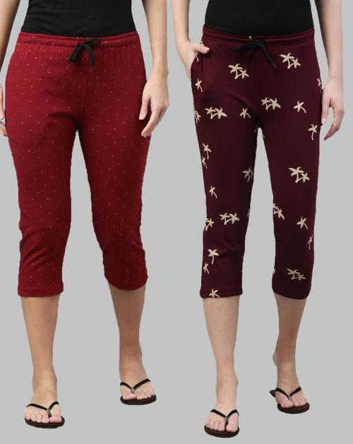 Kryptic Women Maroon & Burgundy Printed Pure Cotton Lounge Capris Pack of 2