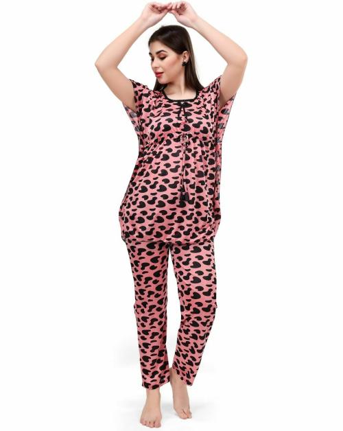 BALEY SELLS Women Pink Printed Satin Night Suit Set - Free Size | Free Size Nightshirts | Pink Nightshirts | Satin Nightshirts | Night wear | Sleep wear