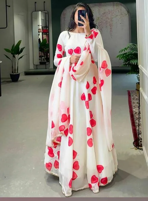 GA ENTERPRISE Designer White Color Heart Print Faux Georgette Gown with Dupatta-S