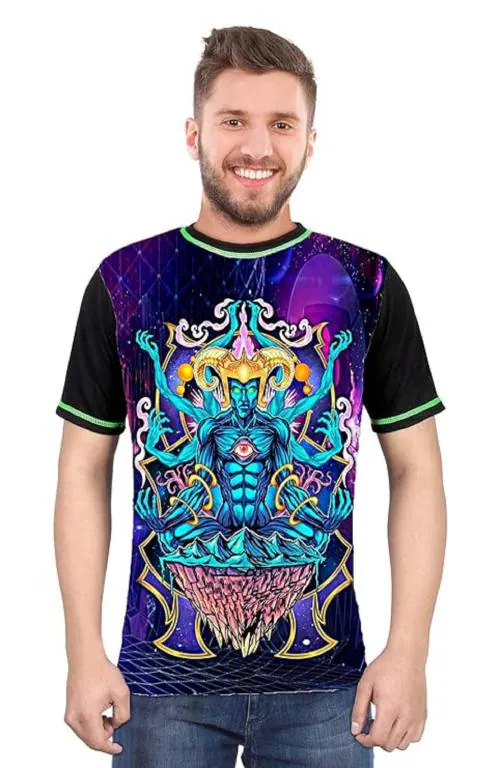 PSYCHEDELIC Limited Edition Multi Color | Digital Printing | UV Glow PSY-GOD-Meditation | Round Neck | Hippie Style | T-Shirt for Men & Women