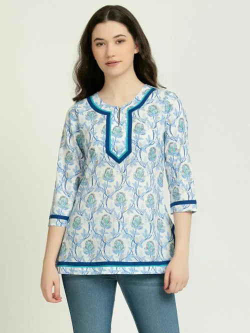 Vyom Tara Cotton Tunic Tops for Women with 3/4th Sleeves and Round Neck Design (Blue)