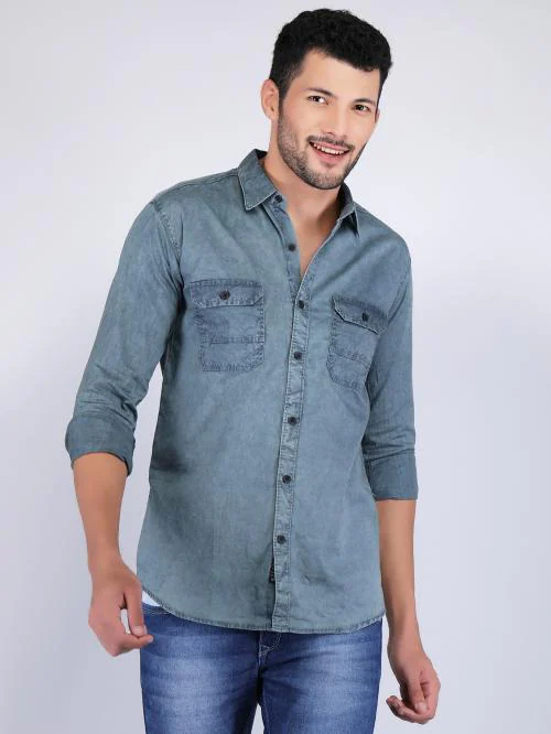 THE HELL DRIVER PLAIN PREMIUM COLORED DENIM SHIRTS,Exclusive Premium Fabric,100 % Cotton,Exclusive WINTER Collection,HEAVY DENIM STONE WASH Pure Cotton Sea Green Color Shirt for men