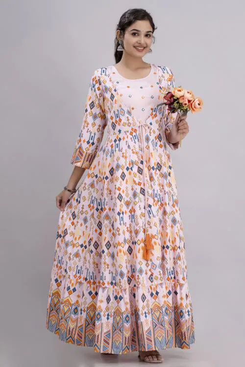 ftDiva Women's Rayon Embroidered Ikkat Anarkali Kurta in Lite Pink